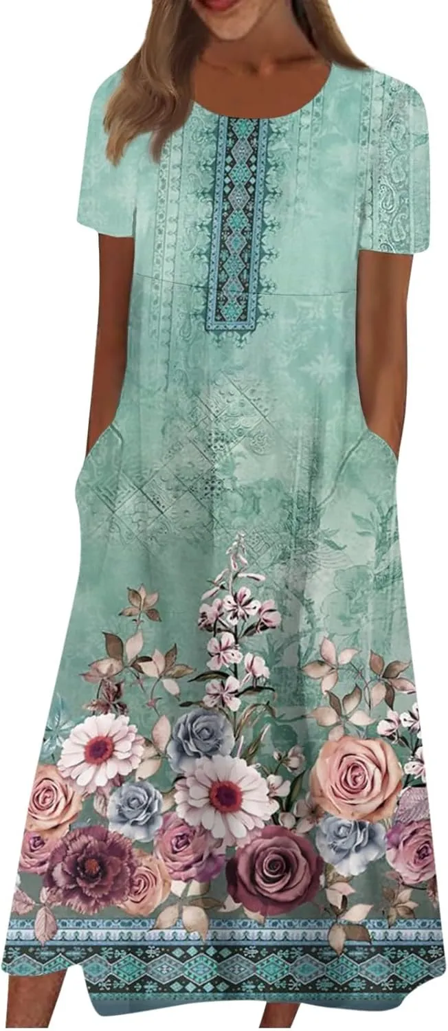 FlekmanArt Women's 2025 Summer Maxi Dress, Pocket Printed, Pleated Round Neck, Short Sleeve, Casual, Long Dress