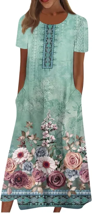 FlekmanArt Women's 2025 Summer Maxi Dress, Pocket Printed, Pleated Round Neck, Short Sleeve, Casual, Long Dress