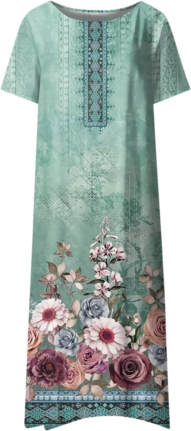 FlekmanArt Women's 2025 Summer Maxi Dress, Pocket Printed, Pleated Round Neck, Short Sleeve, Casual, Long Dress