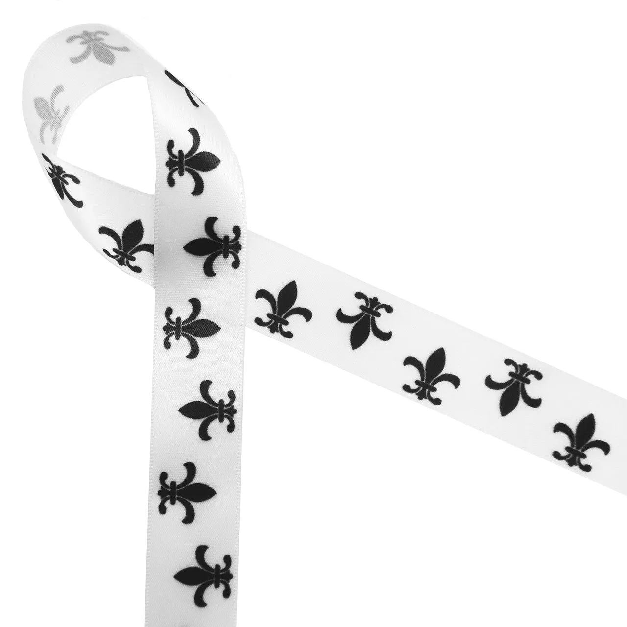 Fleur de Lis Ribbon in Black ink on  White 7/8" Single Face Satin Ribbon,