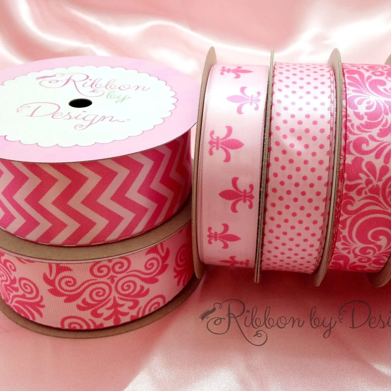 Fleur de Lis Ribbon in Medium Pink ink on Lt. Pink 7/8" Single Face Satin Ribbon,