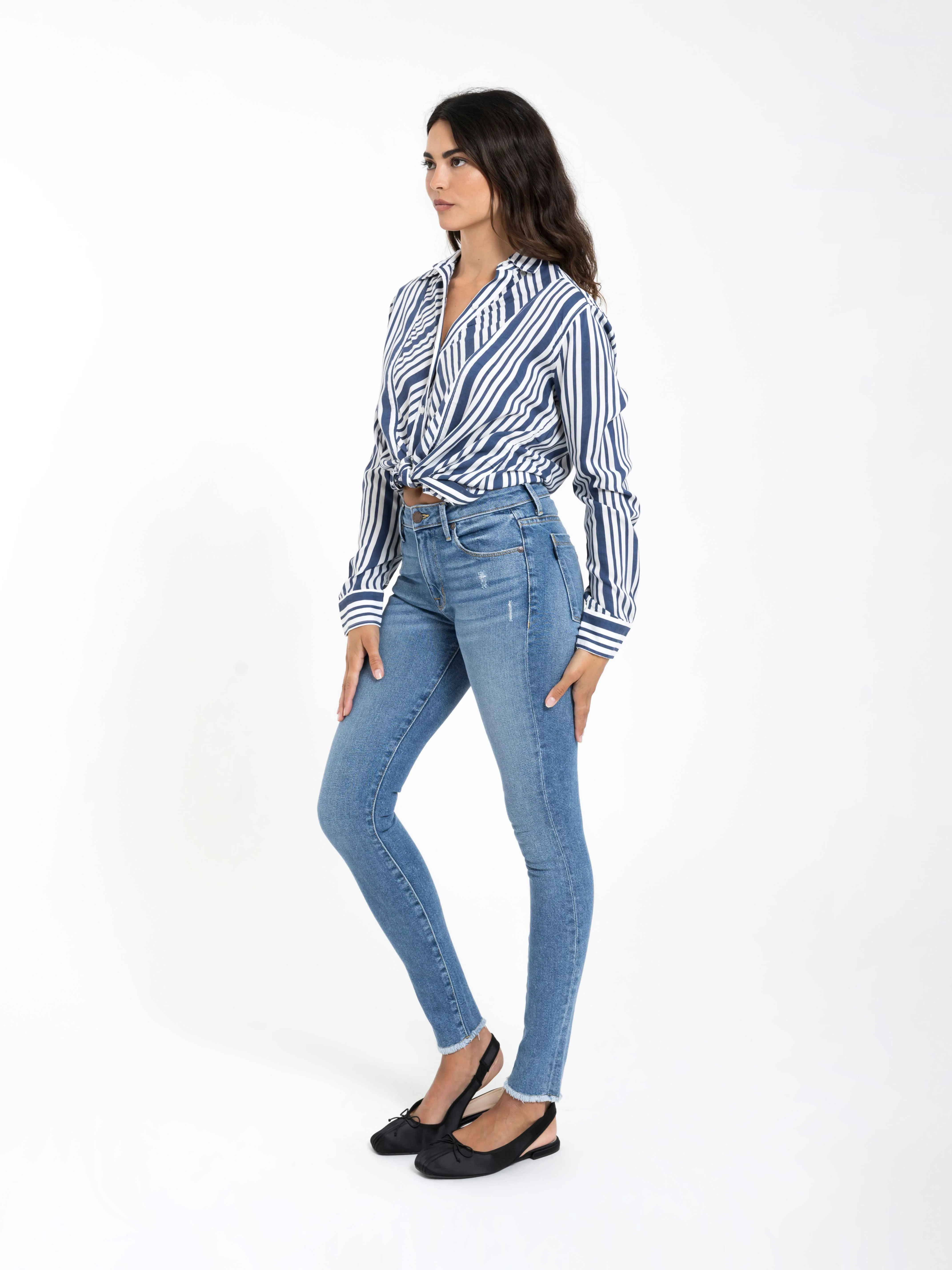 Front Tie Blouse in Navy White