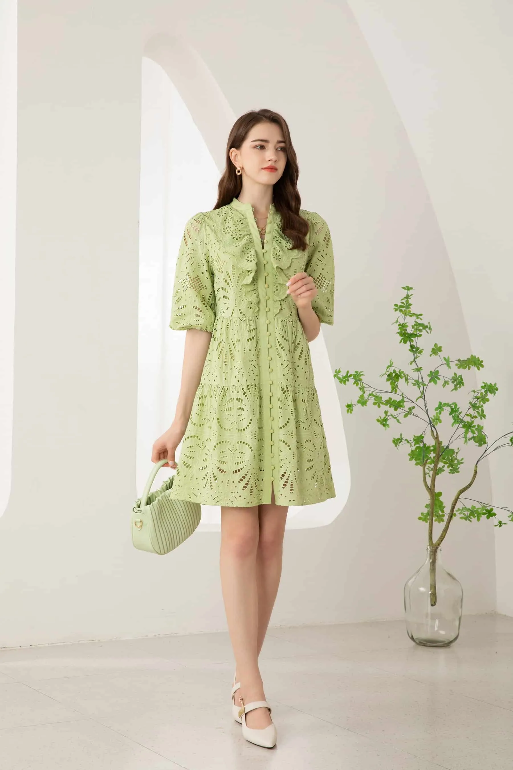 GDS Margot Embroidered  Short Dress | Tarragon
