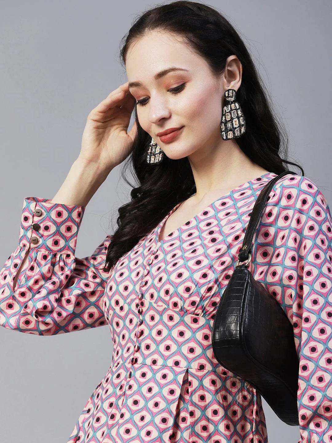 Geometric Printed A-Line Fit & Flare Midi Dress - Pink