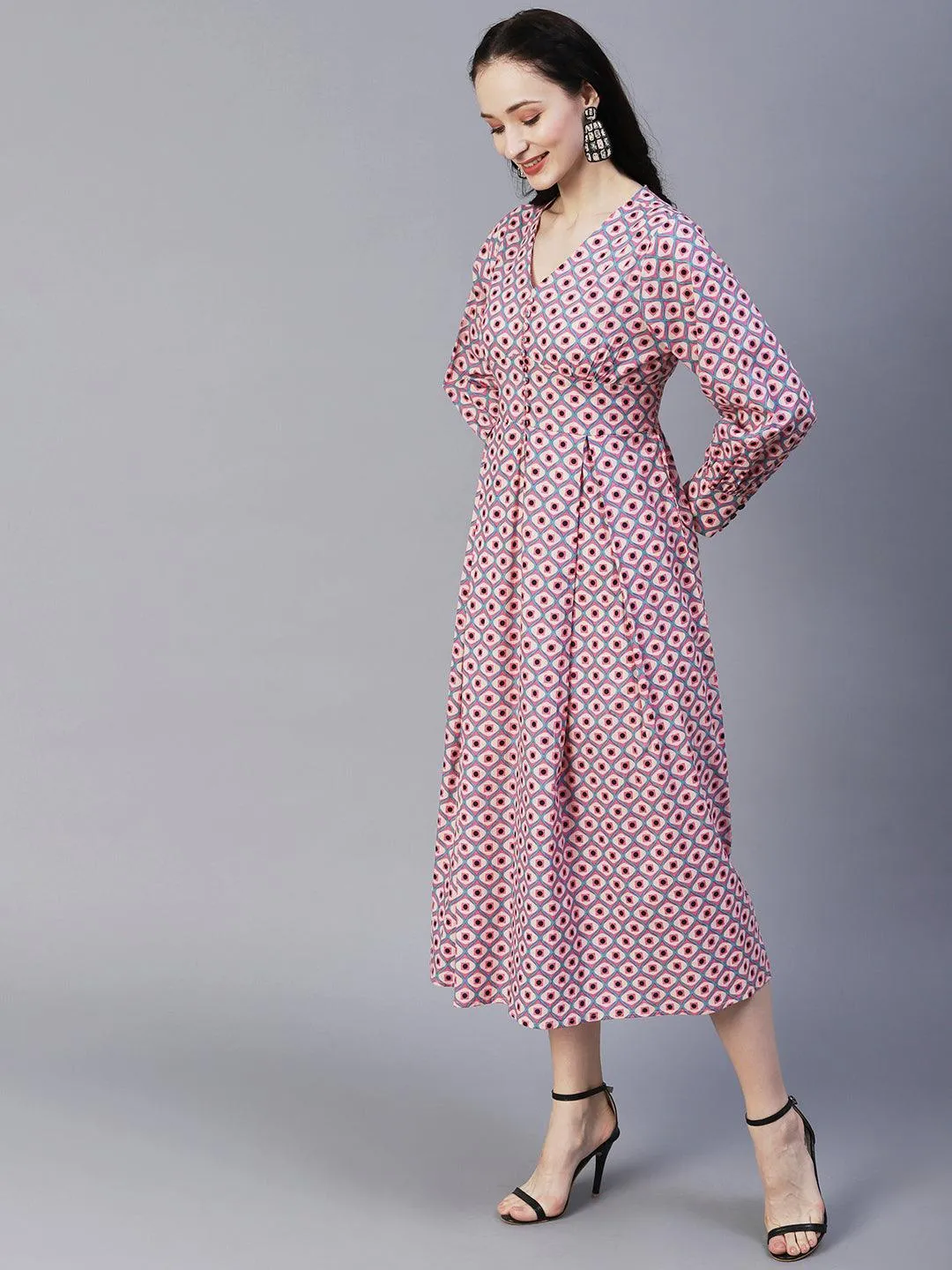 Geometric Printed A-Line Fit & Flare Midi Dress - Pink