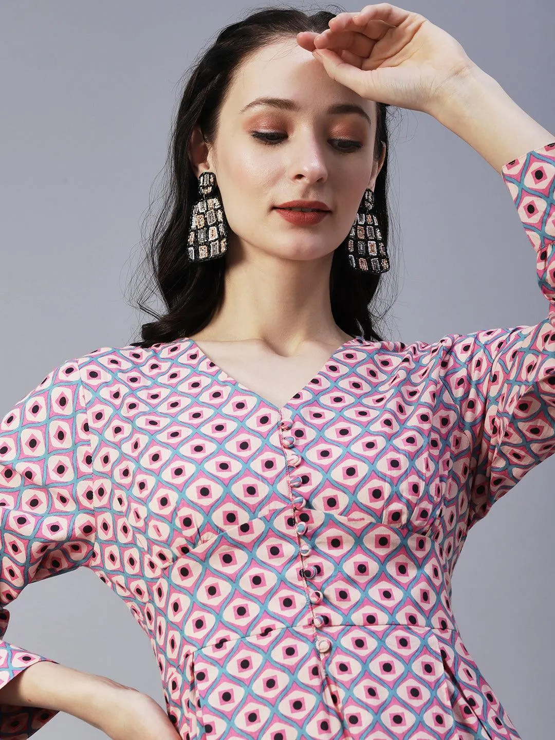 Geometric Printed A-Line Fit & Flare Midi Dress - Pink