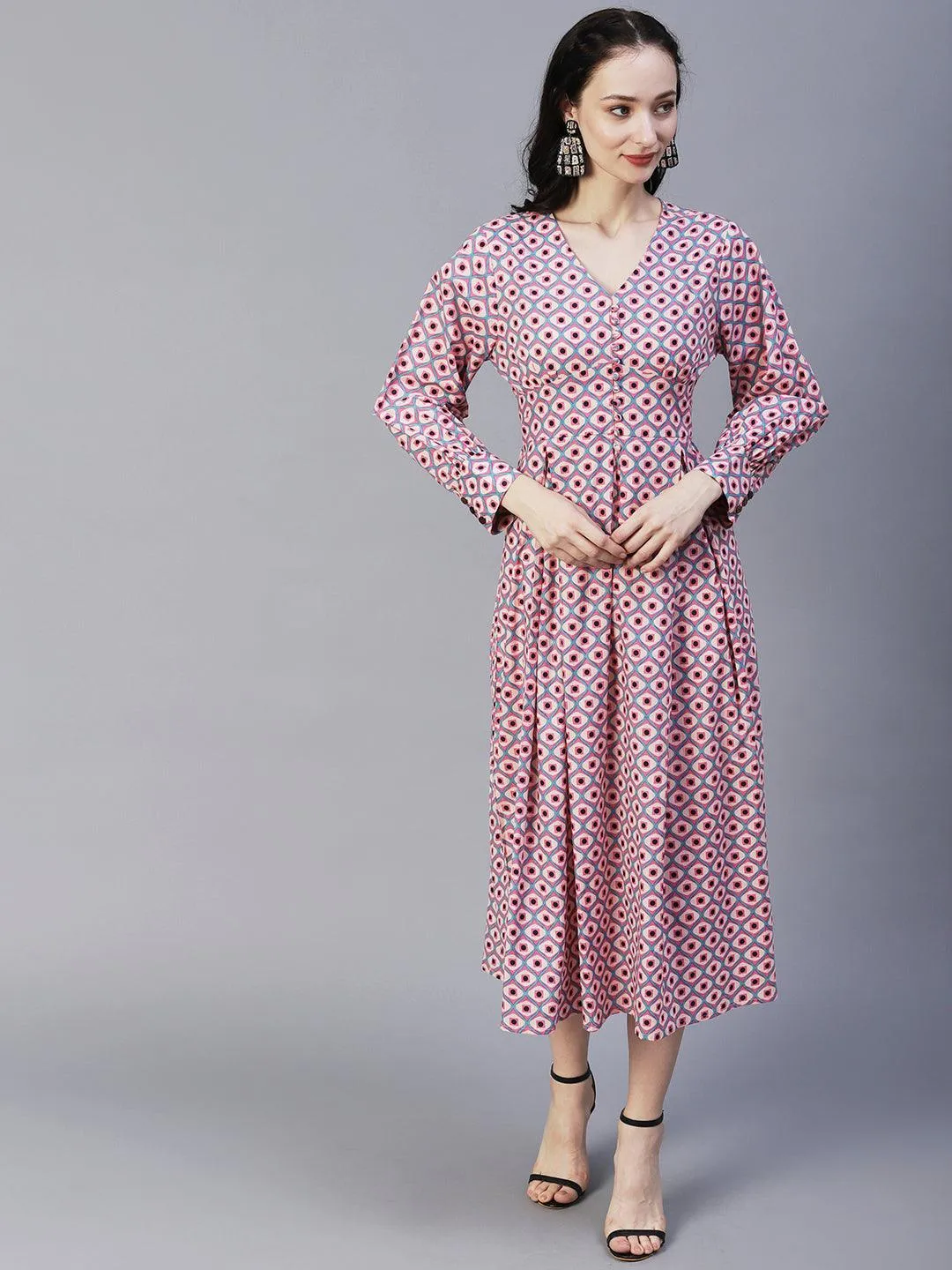 Geometric Printed A-Line Fit & Flare Midi Dress - Pink
