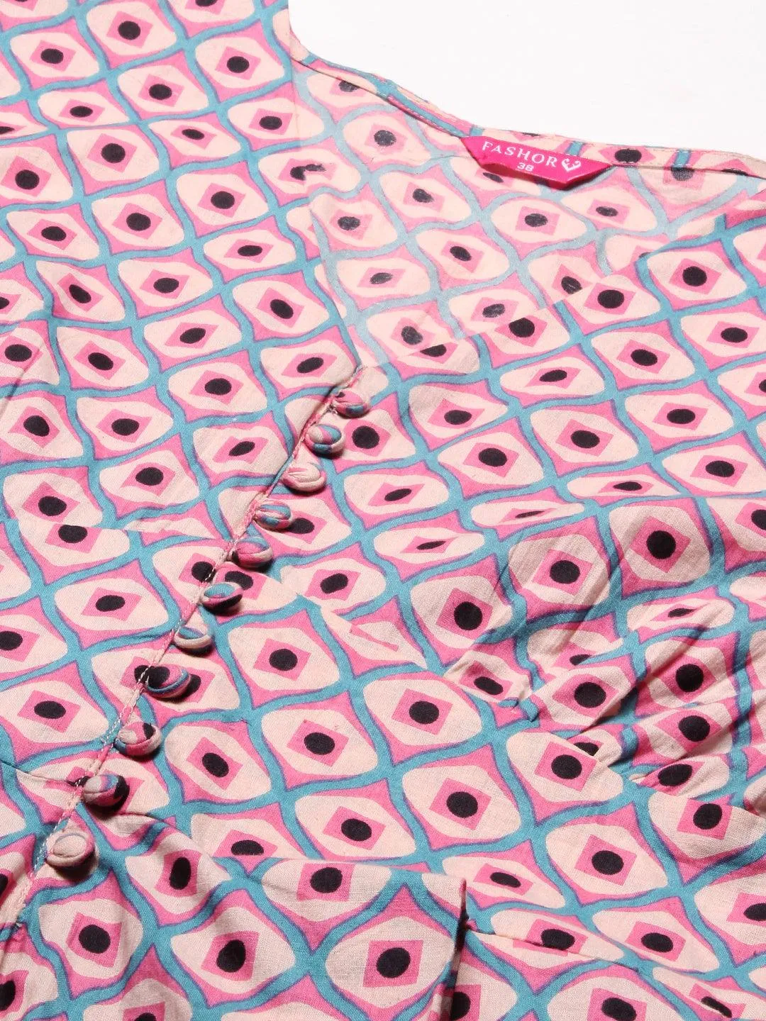 Geometric Printed A-Line Fit & Flare Midi Dress - Pink