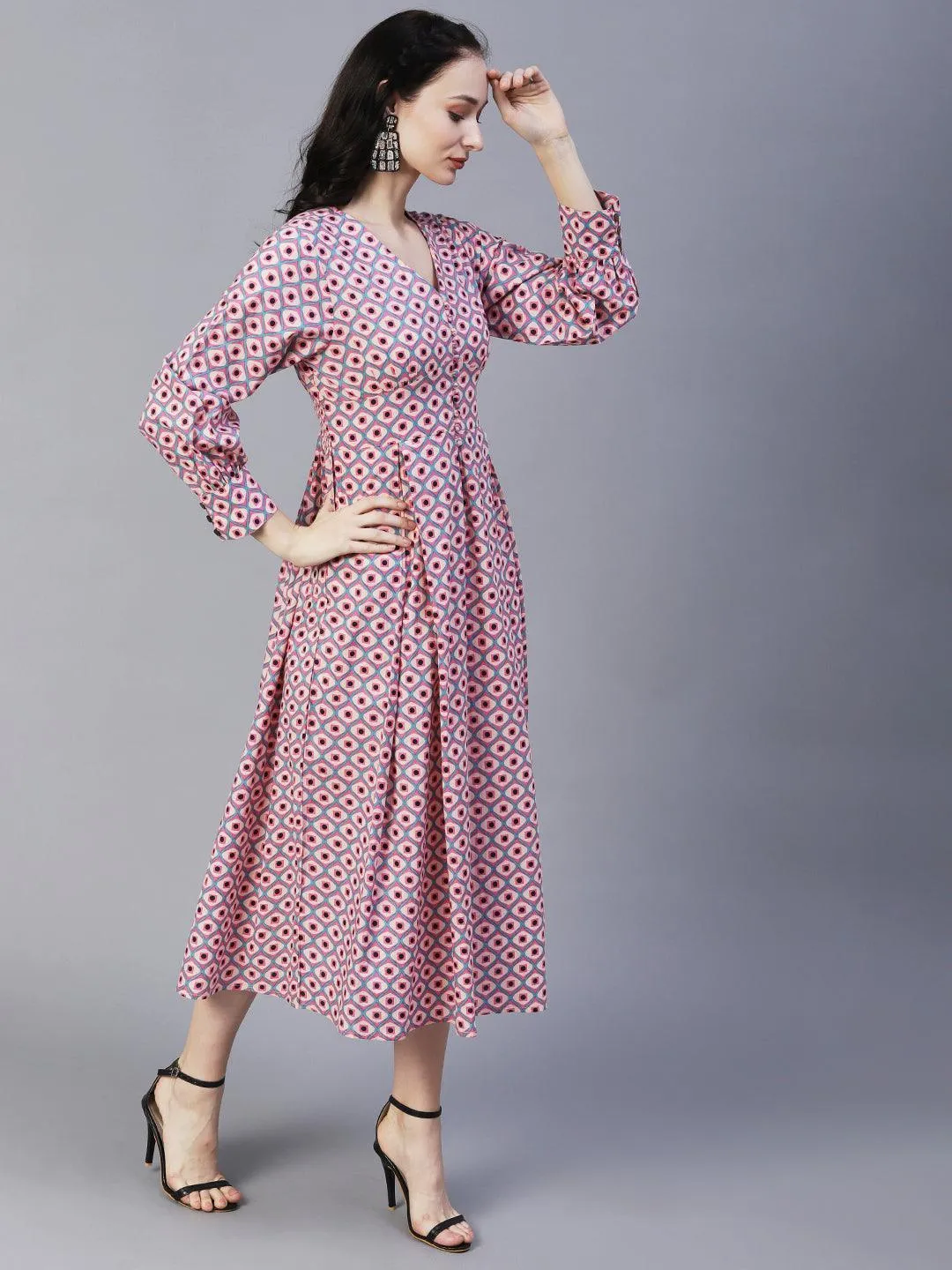 Geometric Printed A-Line Fit & Flare Midi Dress - Pink