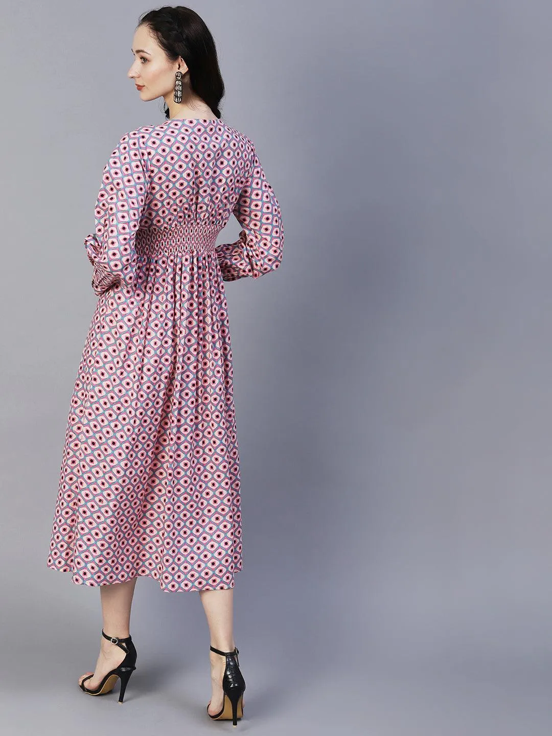 Geometric Printed A-Line Fit & Flare Midi Dress - Pink