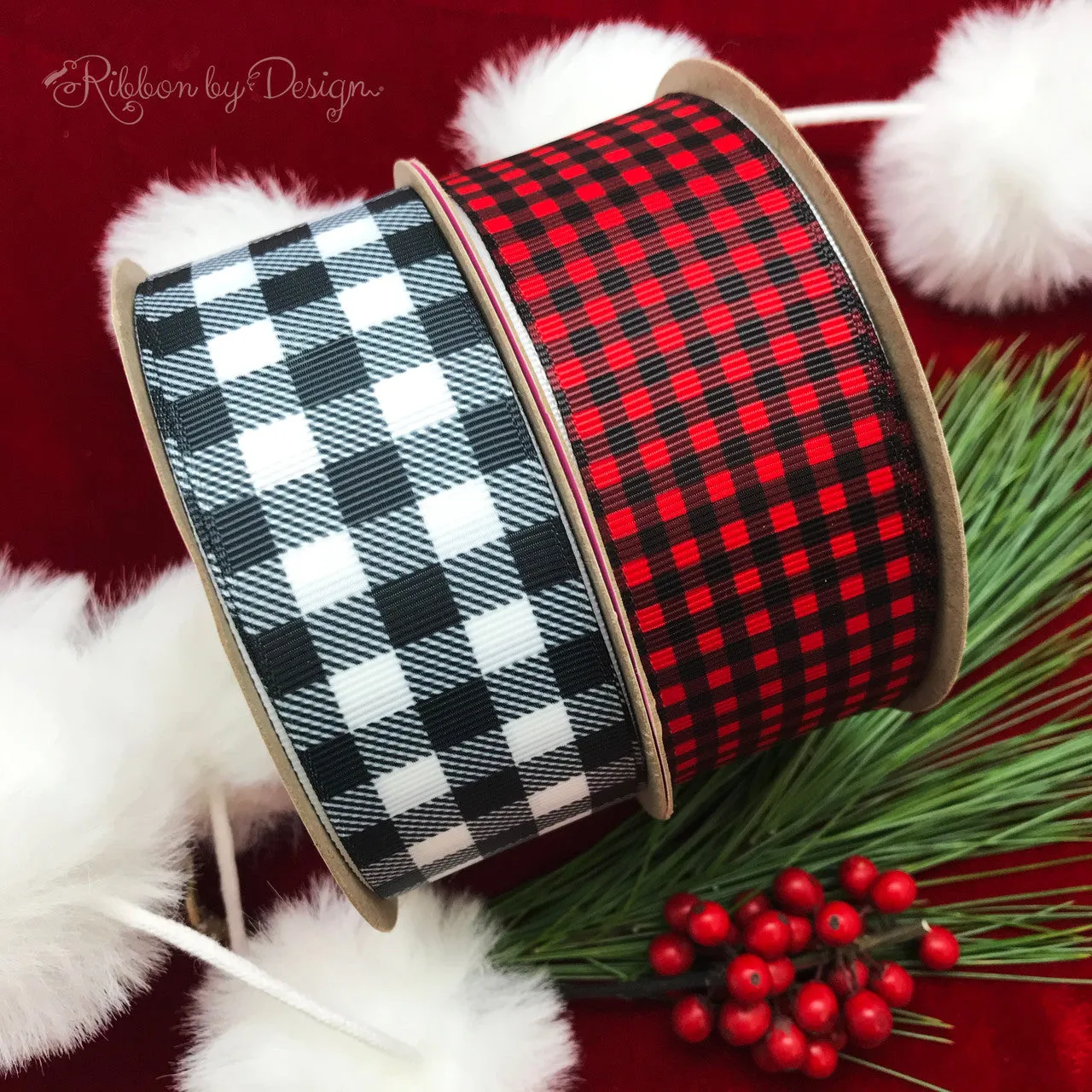Gingham Check Ribbon Buffalo plaid black and white ideal for gift wrap, hat bands, tree trim, quilting, wreaths,  on 1.5" White grosgrain