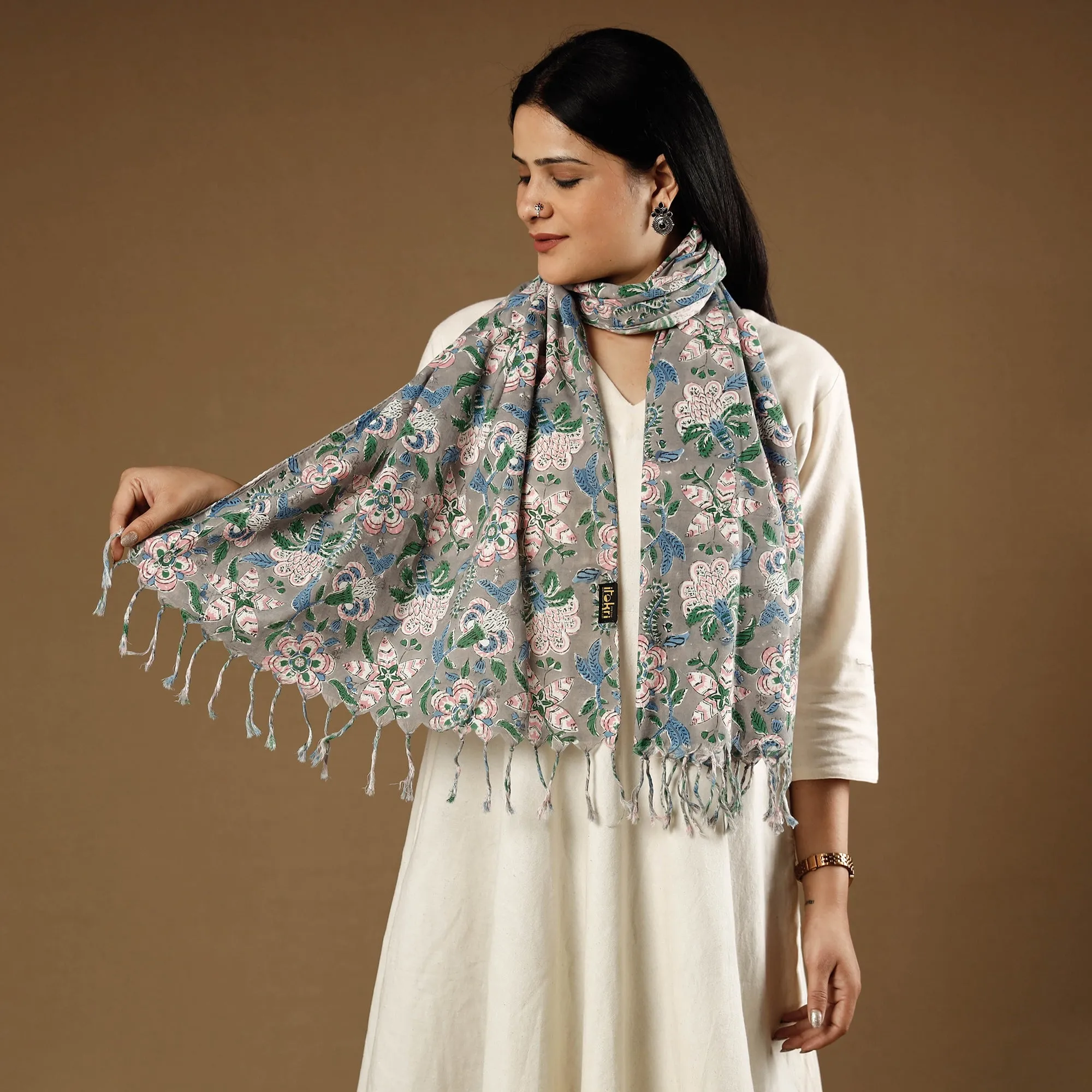 Gul Bano Grey Sanganeri Block Printed Cotton Stole with Tassels