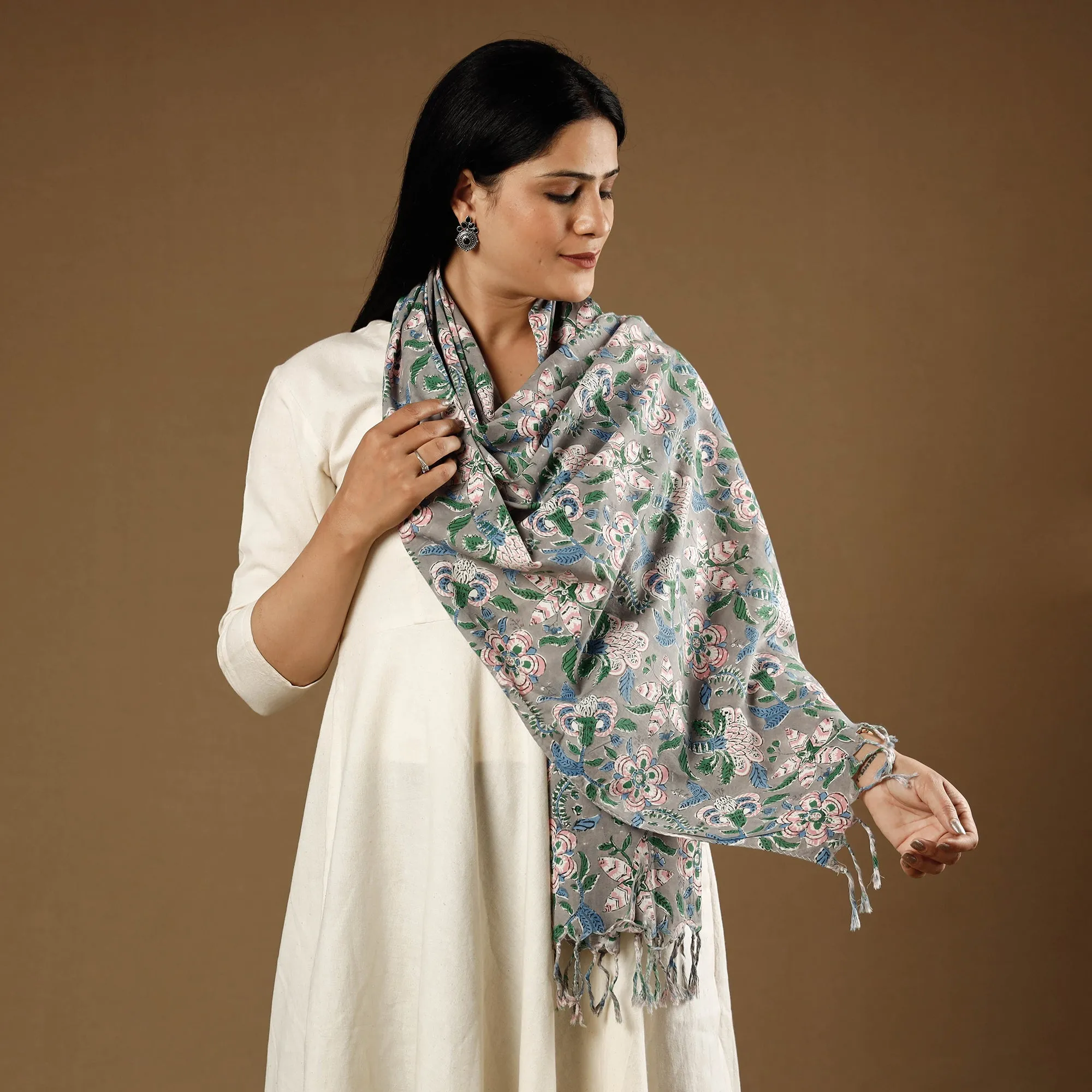 Gul Bano Grey Sanganeri Block Printed Cotton Stole with Tassels