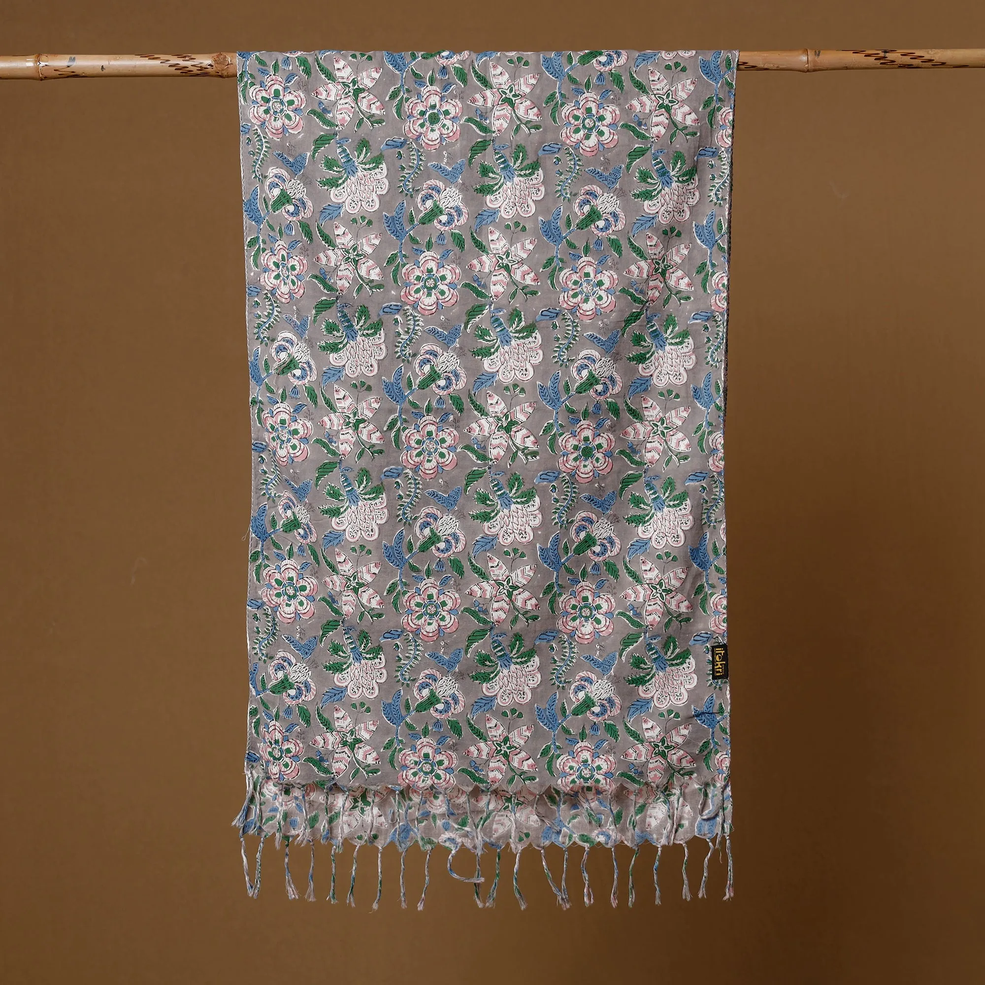 Gul Bano Grey Sanganeri Block Printed Cotton Stole with Tassels