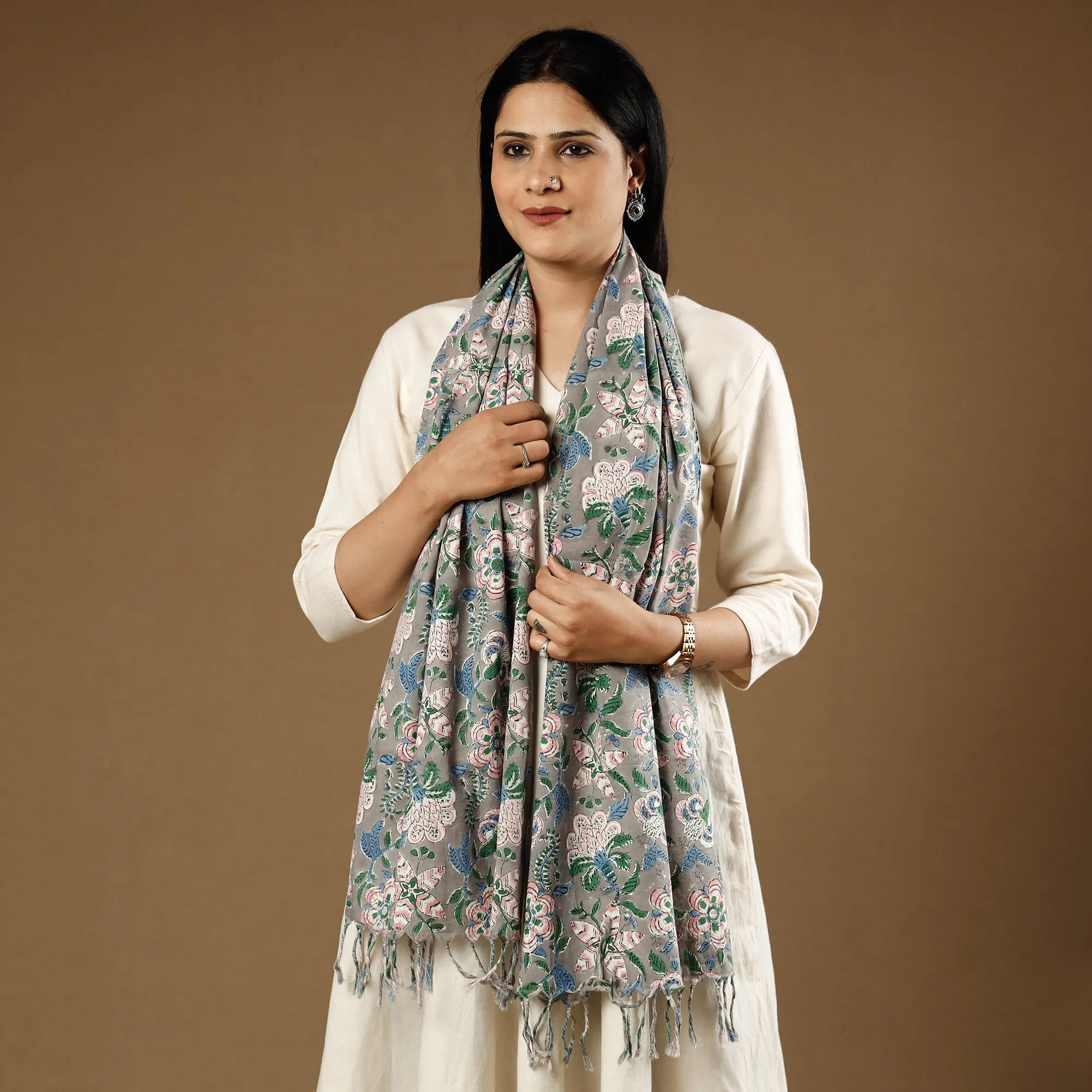 Gul Bano Grey Sanganeri Block Printed Cotton Stole with Tassels