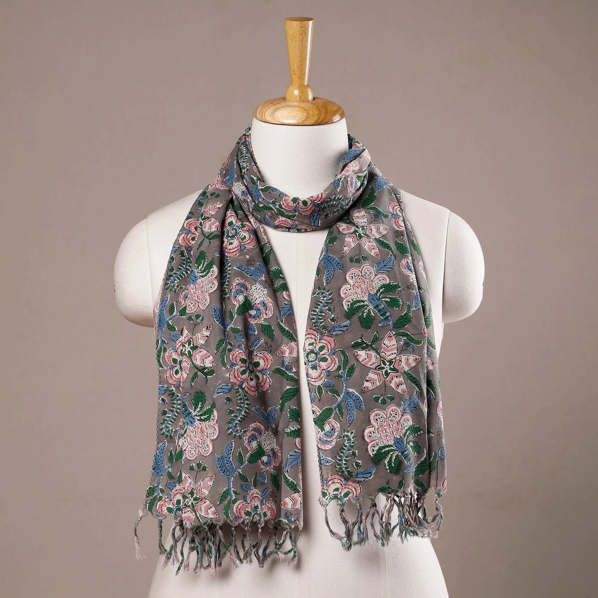 Gul Bano Grey Sanganeri Block Printed Cotton Stole with Tassels