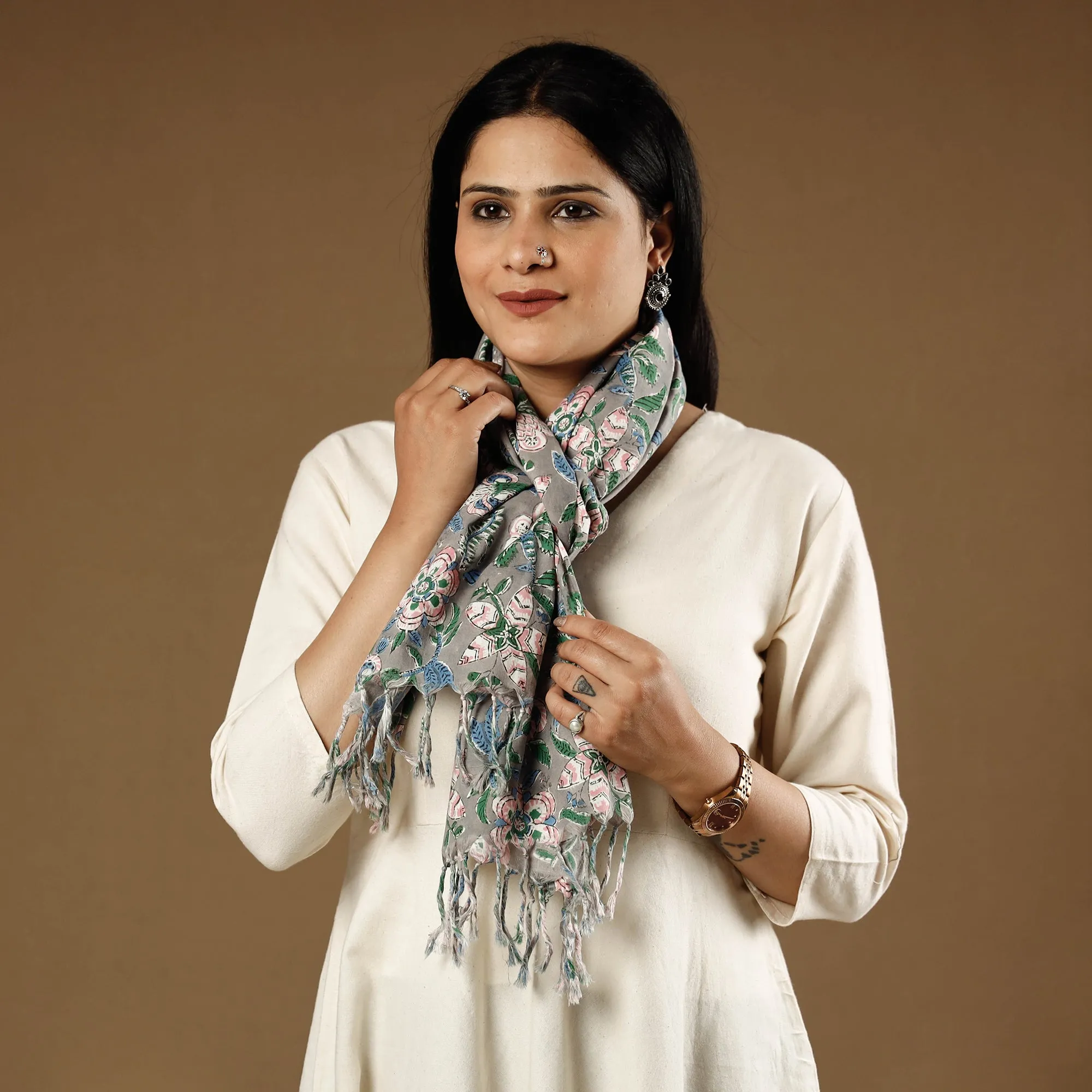 Gul Bano Grey Sanganeri Block Printed Cotton Stole with Tassels