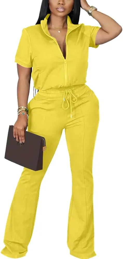 HBQ Women 2 Piece Outfits Sweatsuit Set Casual Lapel Zip Up Jacket Wide Leg Pant Lounge Set Tracksuit-L-Yellow