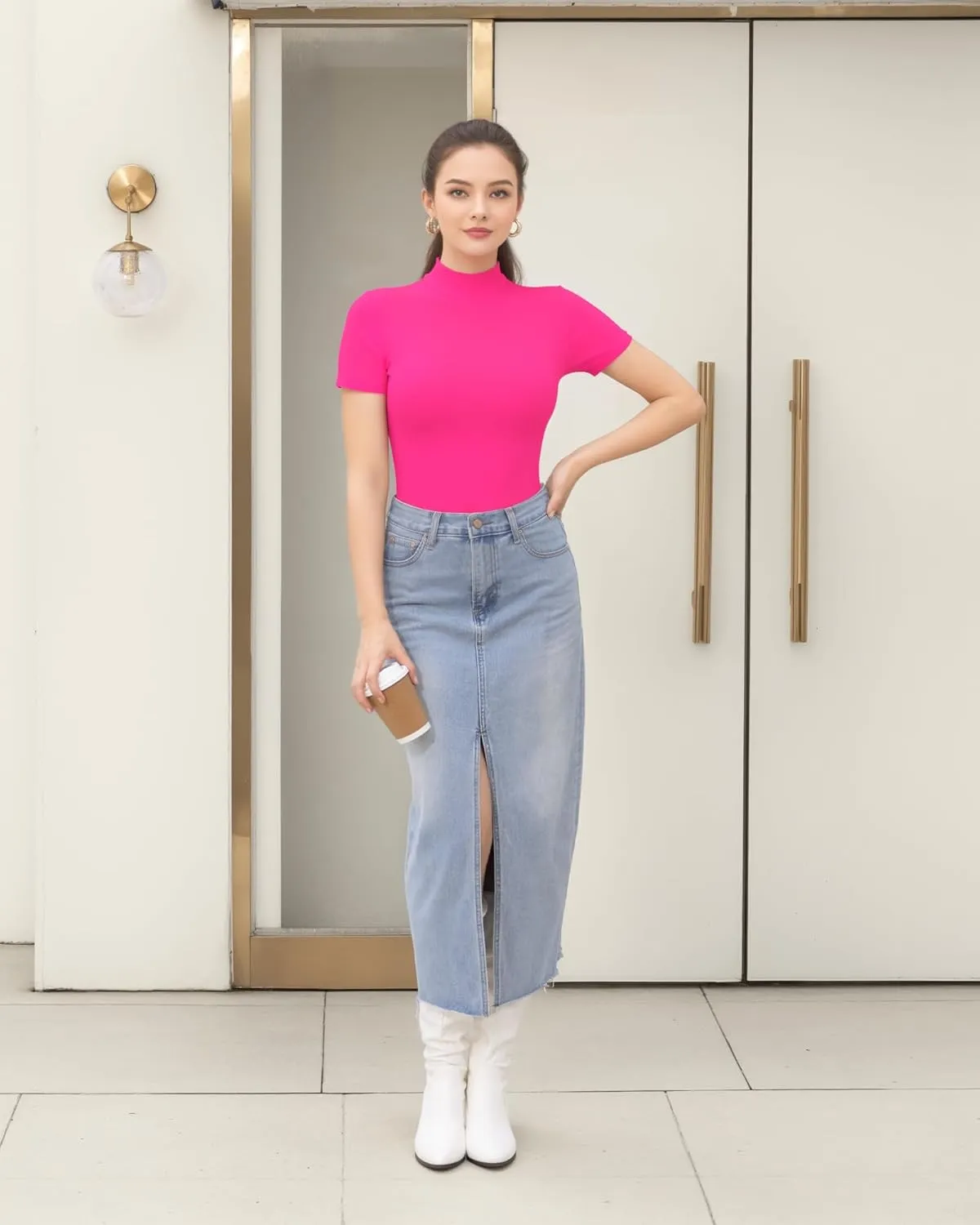 HERLOLLYCHIPS Mock Neck Tops for Women Basic Short Sleeve Tight Summer Sexy Dressy Casual Summer T-Shirts
