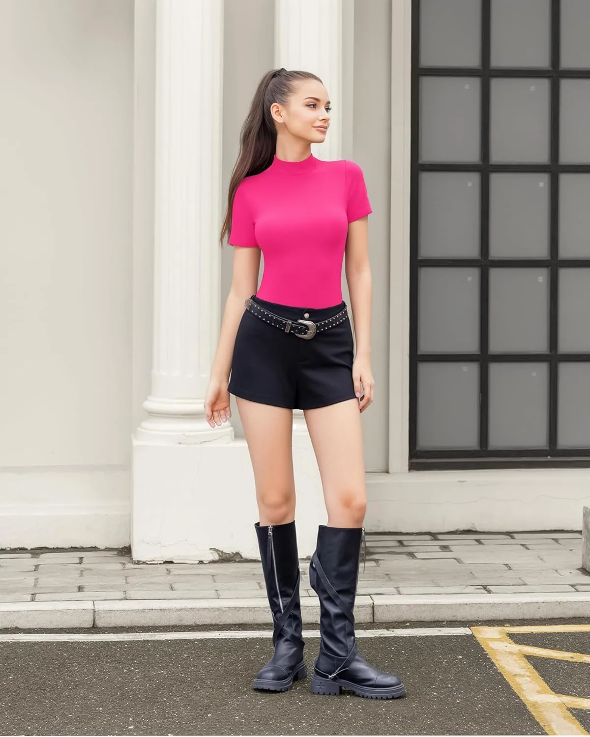 HERLOLLYCHIPS Mock Neck Tops for Women Basic Short Sleeve Tight Summer Sexy Dressy Casual Summer T-Shirts