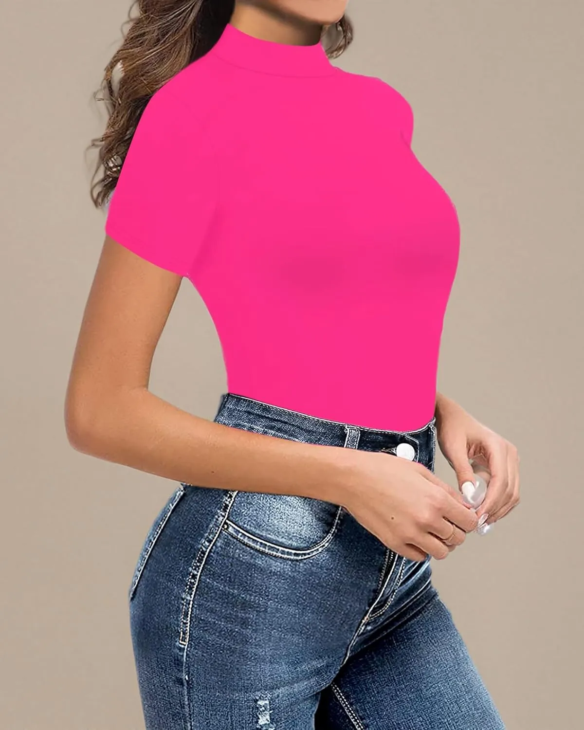 HERLOLLYCHIPS Mock Neck Tops for Women Basic Short Sleeve Tight Summer Sexy Dressy Casual Summer T-Shirts