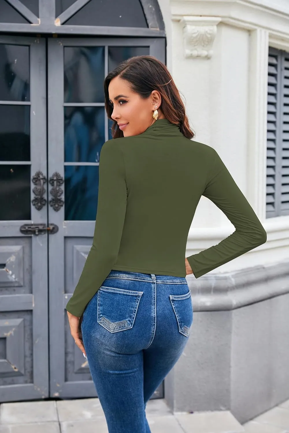 Herou Women Long Sleeve Crop Top Turtleneck Soft Lightweight Basic Slim Fit Tops