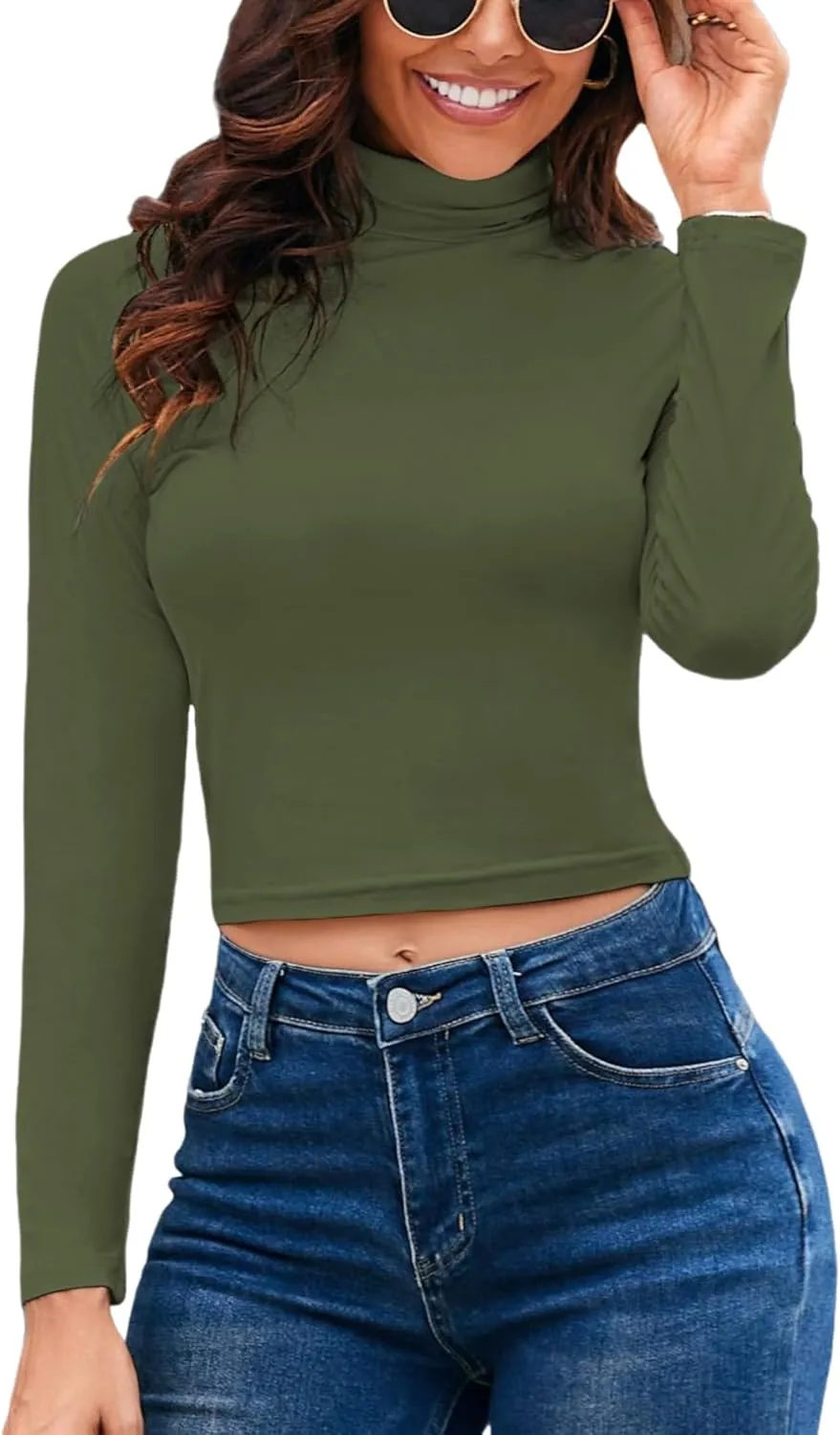 Herou Women Long Sleeve Crop Top Turtleneck Soft Lightweight Basic Slim Fit Tops
