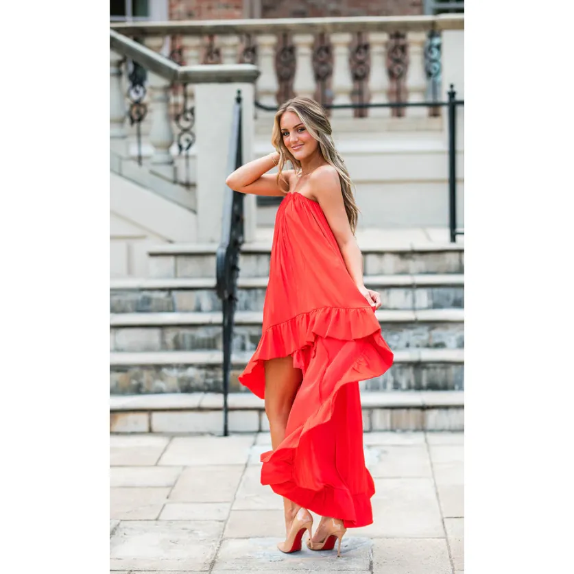 In Too Deep Satin Ruffle Strapless Dress- RED