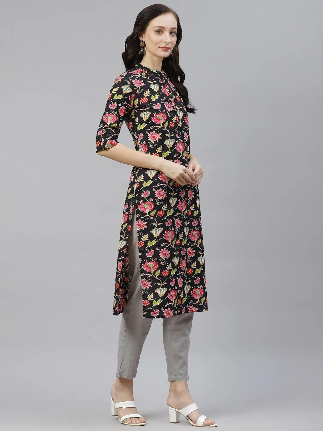 Jashvi Black Floral Cotton Straight Kurti