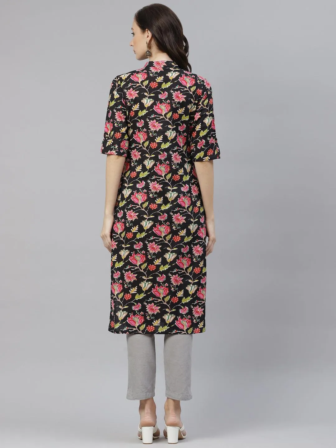 Jashvi Black Floral Cotton Straight Kurti