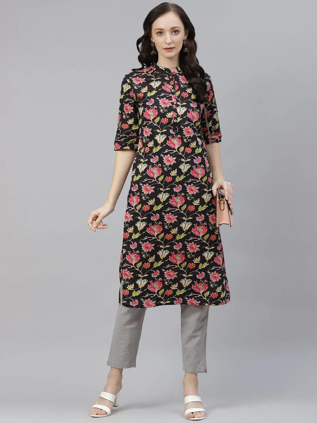 Jashvi Black Floral Cotton Straight Kurti