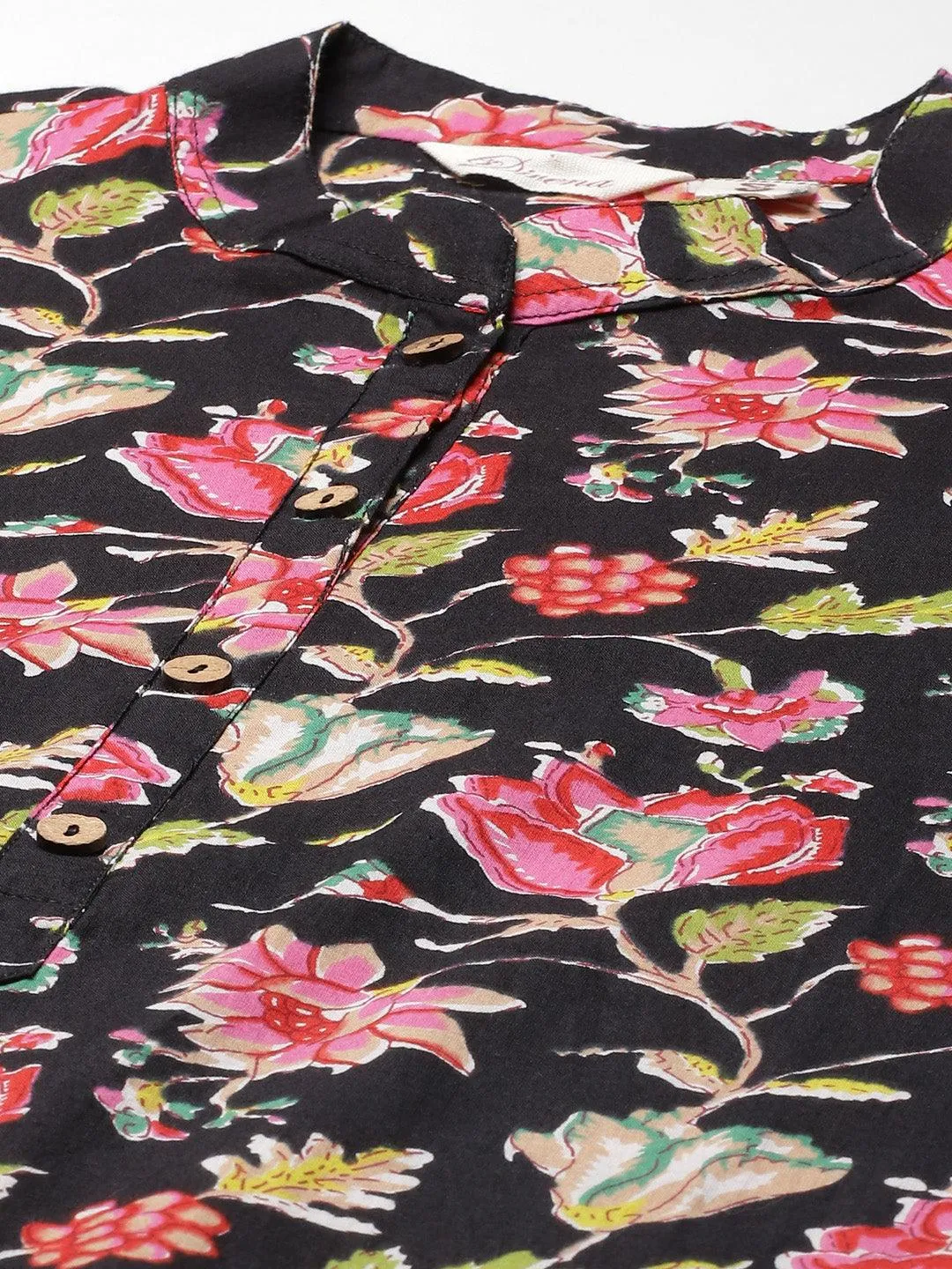 Jashvi Black Floral Cotton Straight Kurti
