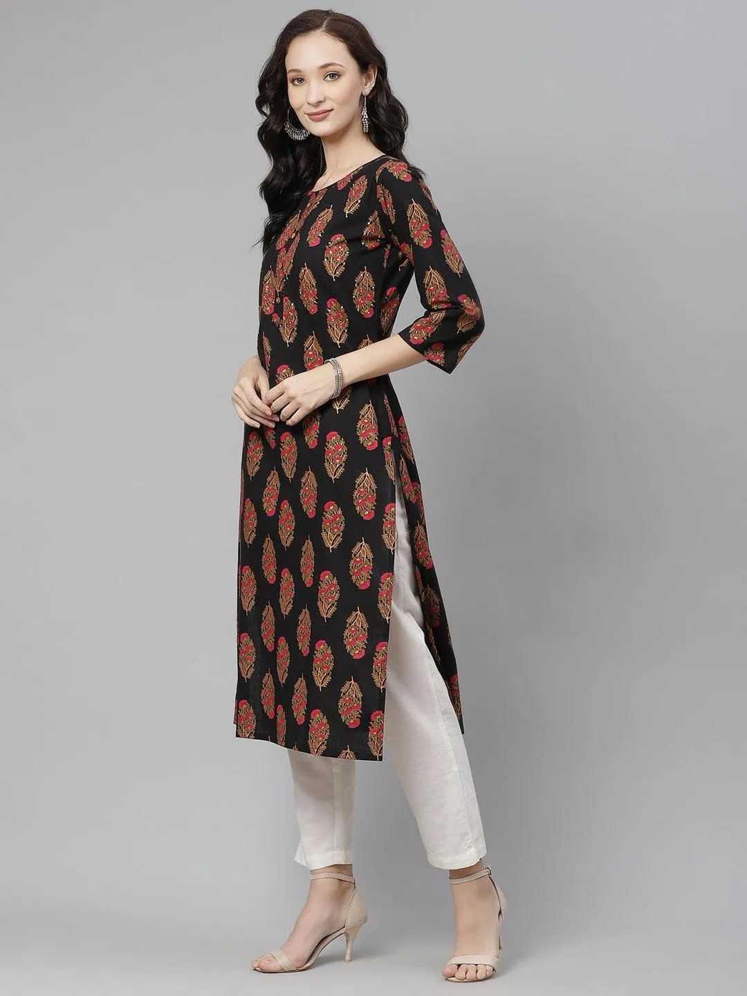 Jashvi Black Floral Print Cotton Straight Kurta