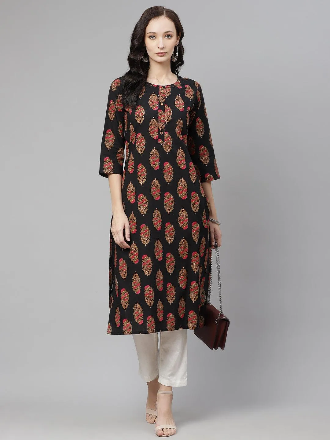 Jashvi Black Floral Print Cotton Straight Kurta