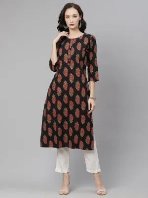 Jashvi Black Floral Print Cotton Straight Kurta