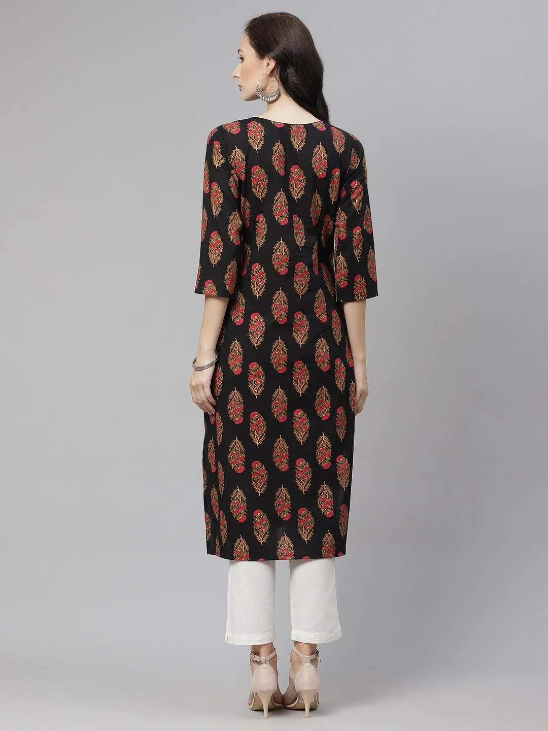 Jashvi Black Floral Print Cotton Straight Kurta
