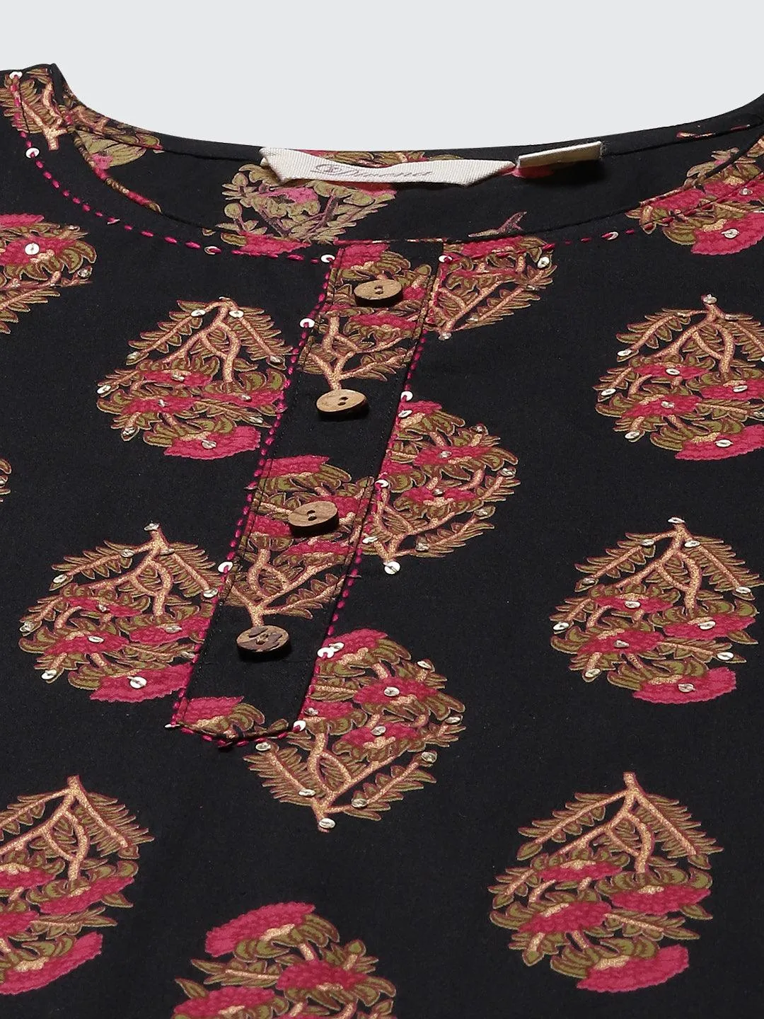 Jashvi Black Floral Print Cotton Straight Kurta