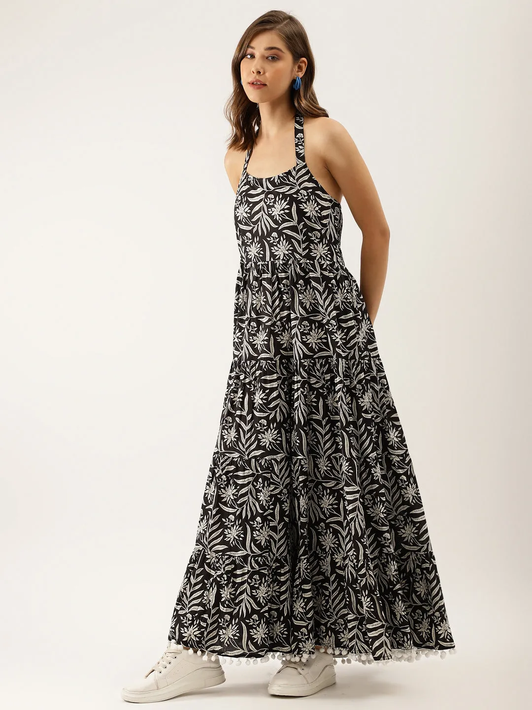 Jashvi Black Floral Printed Cotton Ethnic Dress for Women
