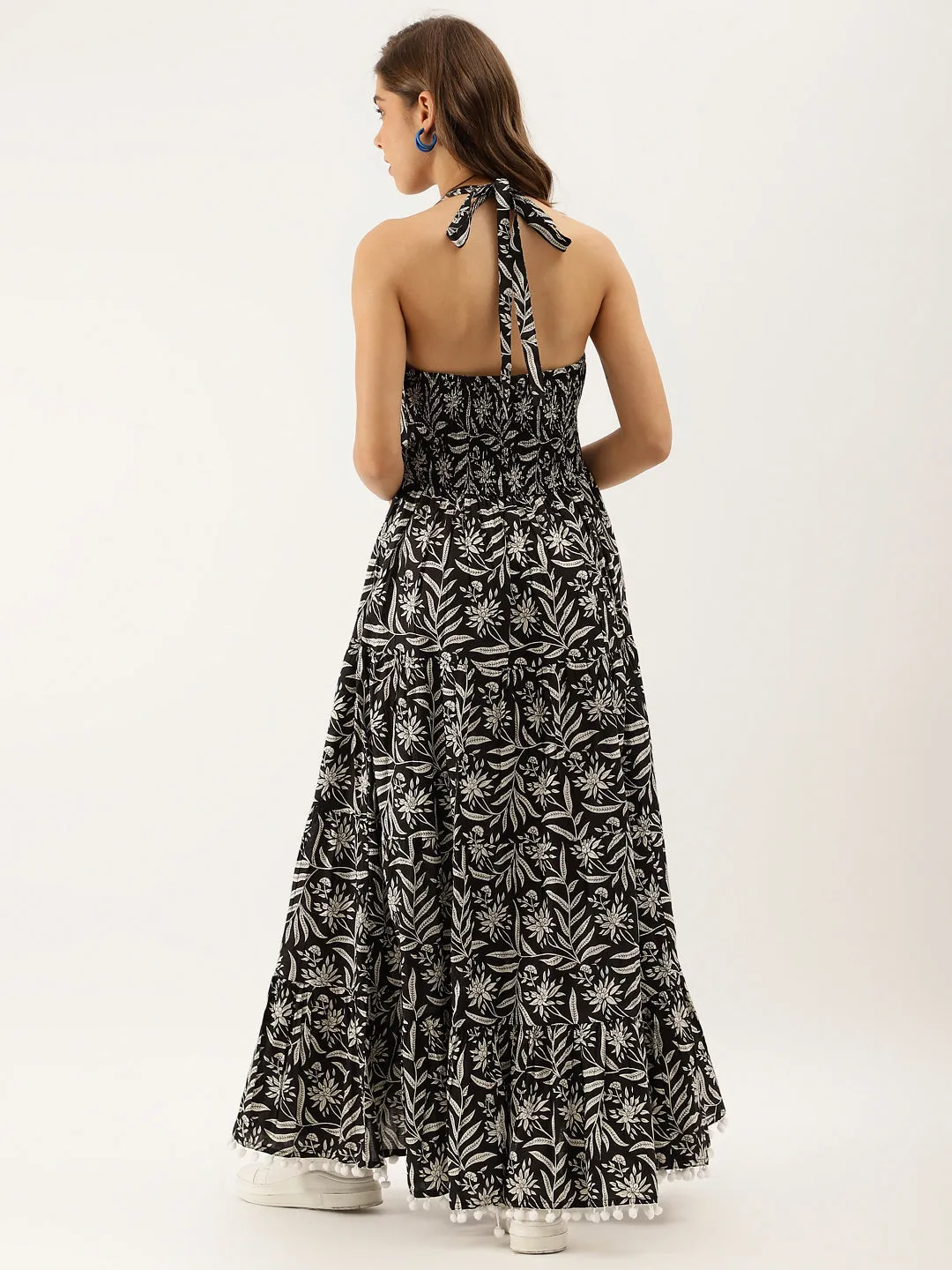 Jashvi Black Floral Printed Cotton Ethnic Dress for Women