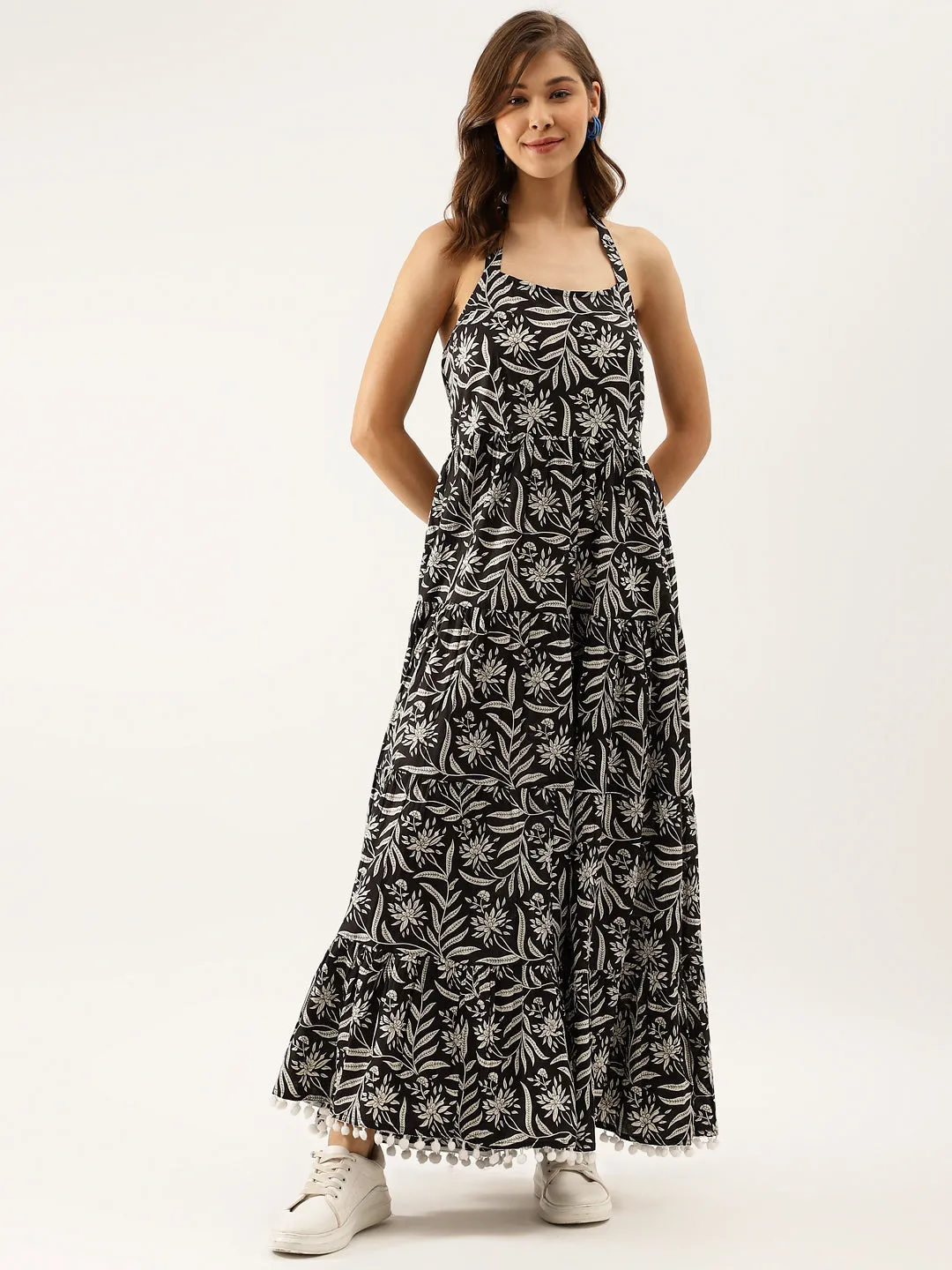 Jashvi Black Floral Printed Cotton Ethnic Dress for Women