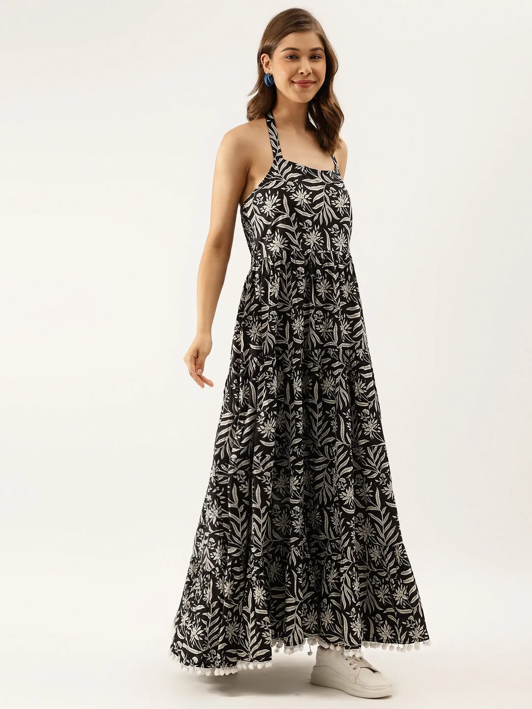 Jashvi Black Floral Printed Cotton Ethnic Dress for Women