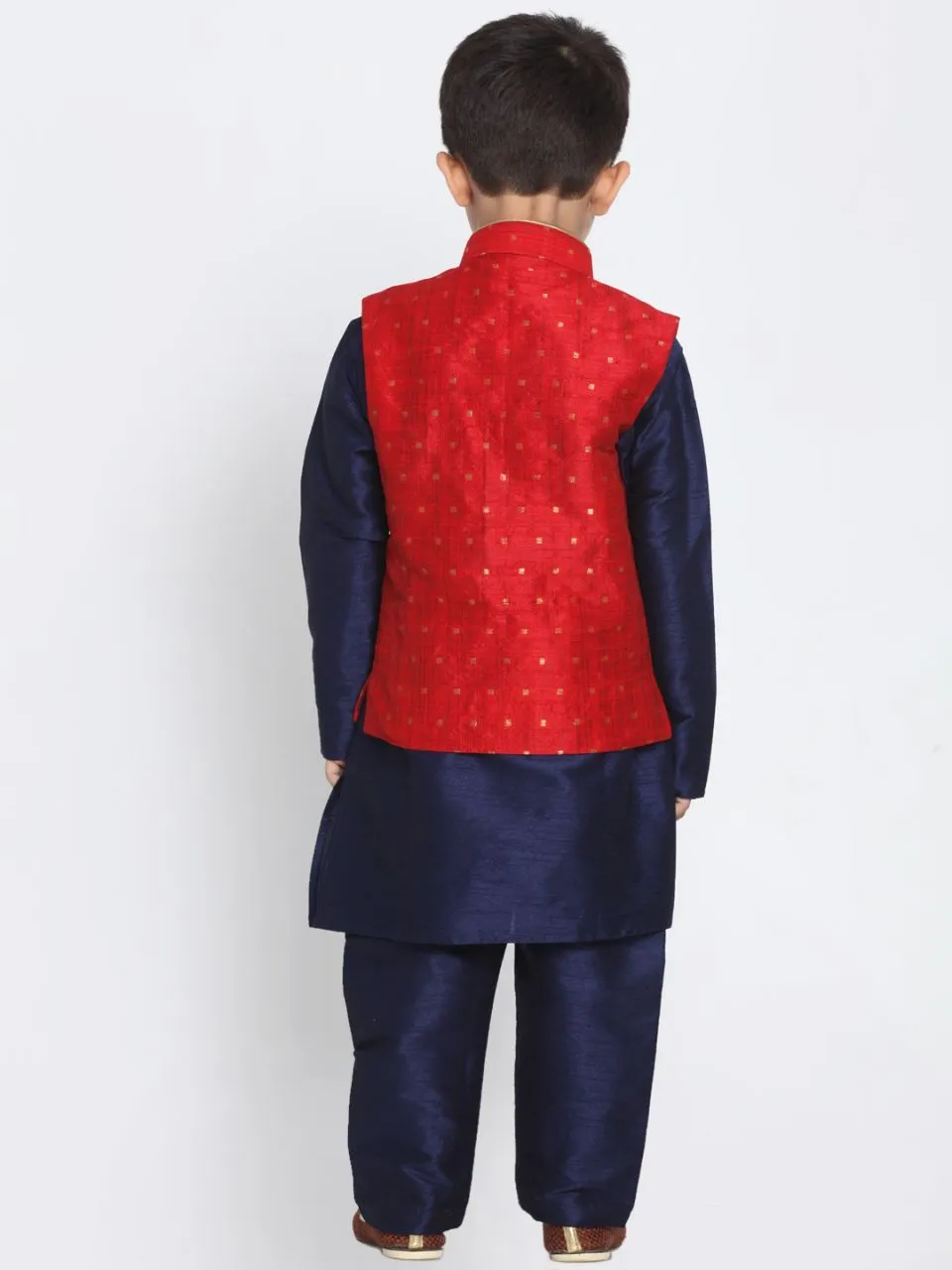 Jashvi Boys Maroon Silk Blend Nehru Jacket With Navy Blue Kurta And Pyjama Set