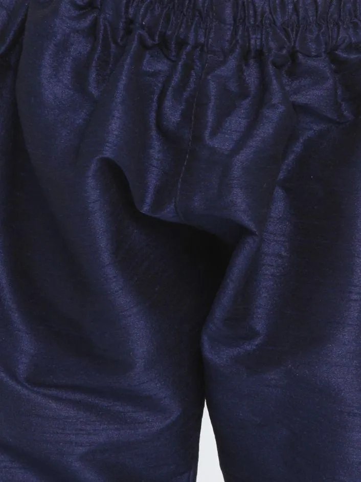 Jashvi Boys Maroon Silk Blend Nehru Jacket With Navy Blue Kurta And Pyjama Set