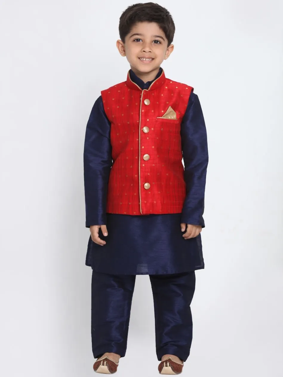 Jashvi Boys Maroon Silk Blend Nehru Jacket With Navy Blue Kurta And Pyjama Set