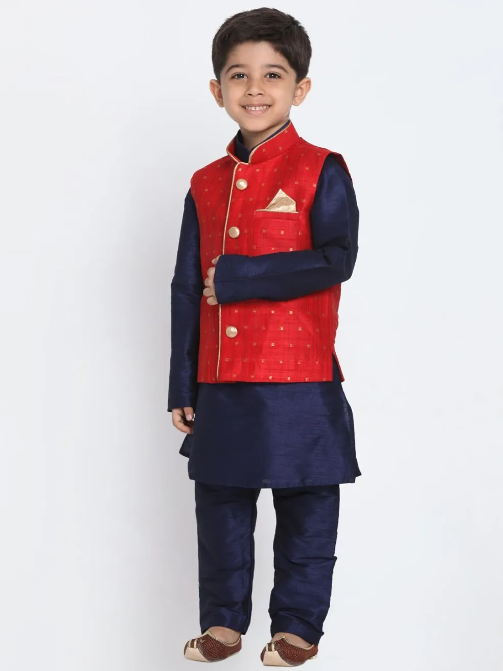 Jashvi Boys Maroon Silk Blend Nehru Jacket With Navy Blue Kurta And Pyjama Set