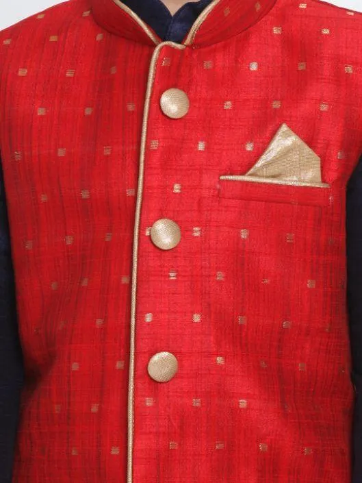 Jashvi Boys Maroon Silk Blend Nehru Jacket With Navy Blue Kurta And Pyjama Set