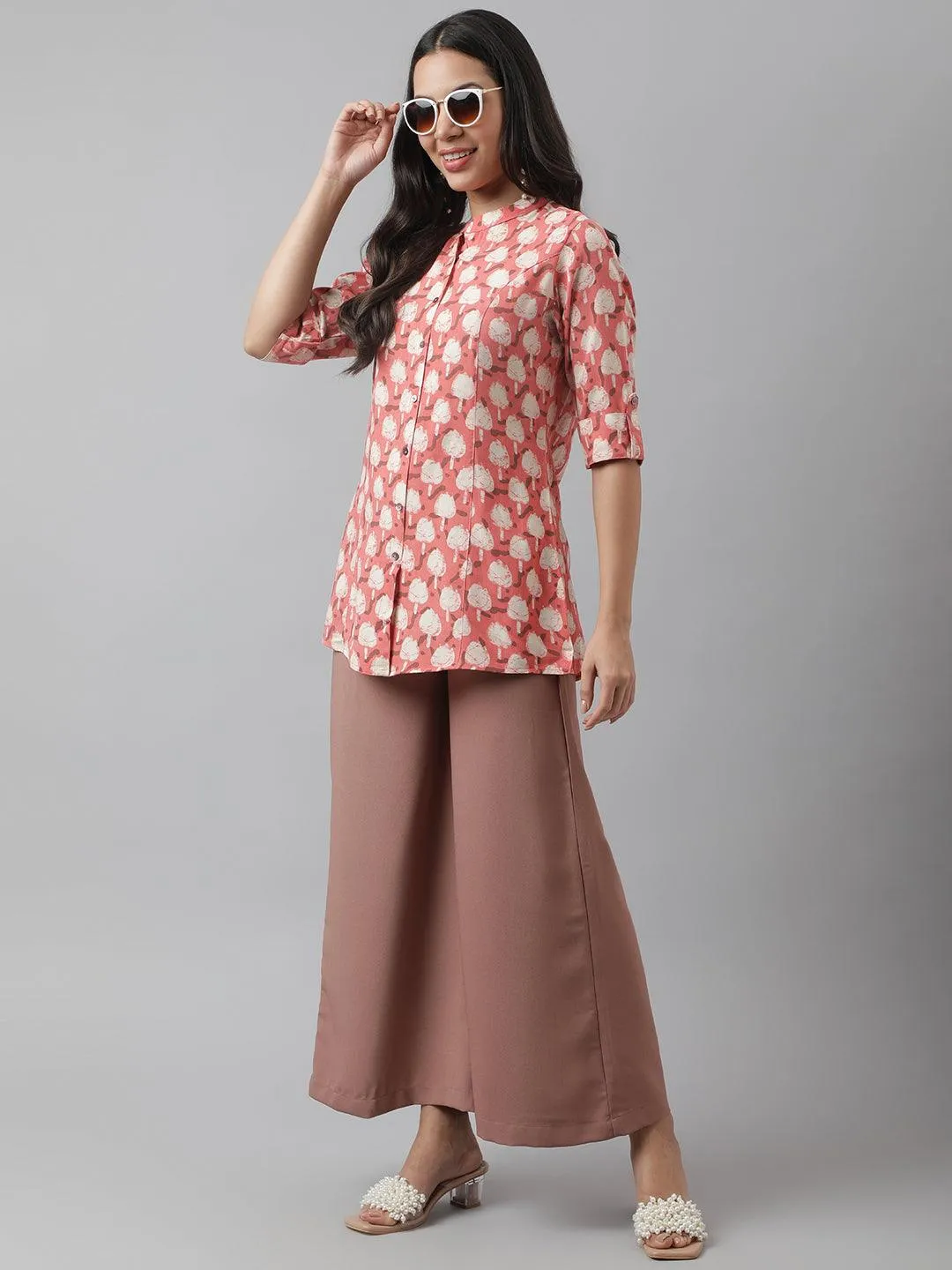 Jashvi Peach Floral Printed Rayon A-line Shirt Style Top