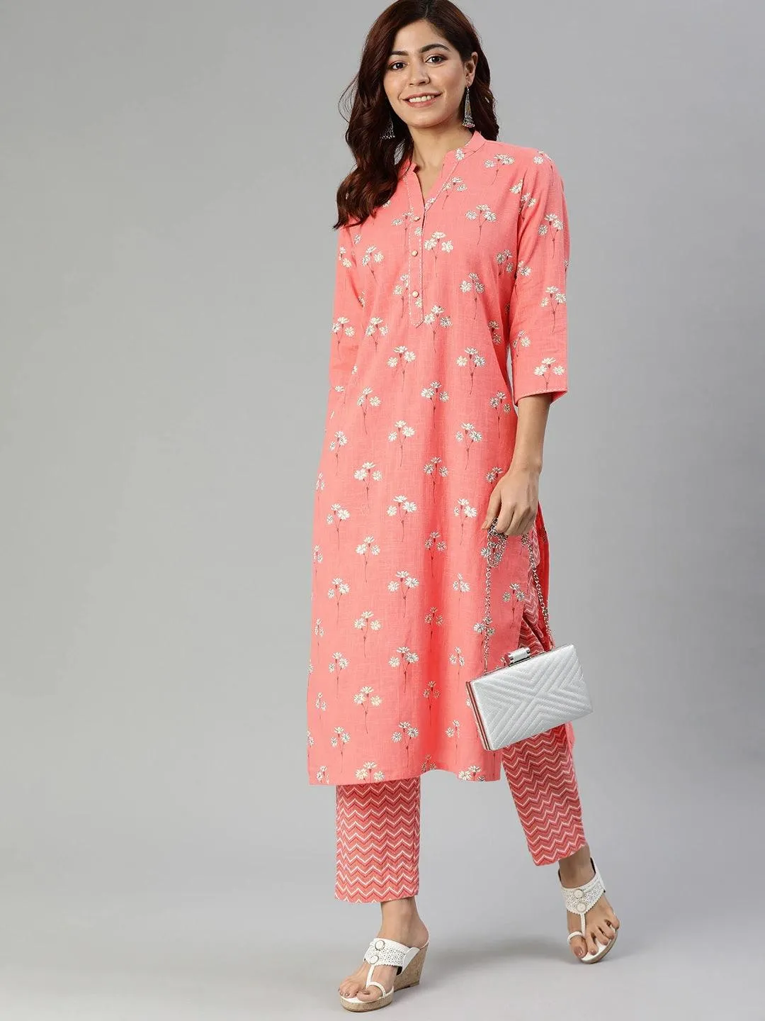 Jashvi Pink Flower Print Cotton Kurta Set