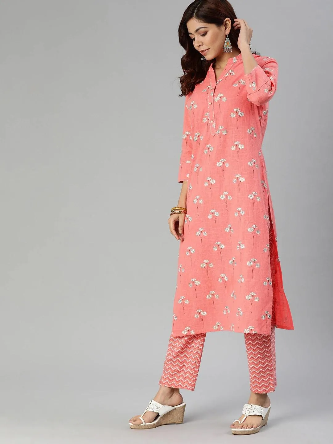 Jashvi Pink Flower Print Cotton Kurta Set