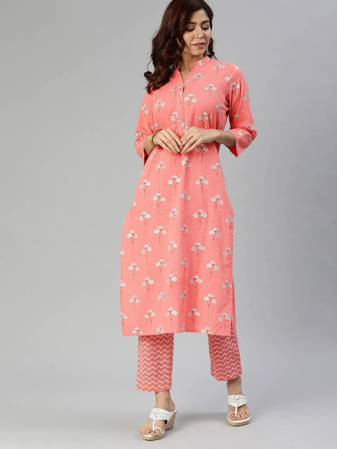 Jashvi Pink Flower Print Cotton Kurta Set